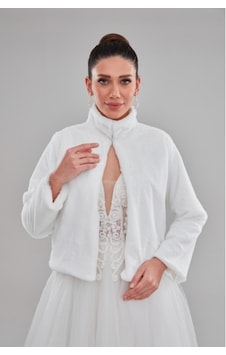 New In Style Dik Yaka Uzun Kol Beyaz Gelin Etol Kürk Bolero Beyaz