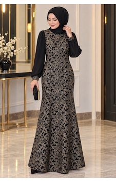 Gül&can Butik Siyah Gold İşlemeli Tesettür Abiye Elbise Siyah Gül&can Butik Siyah Gold İşlemeli Tesettür Abiye Elbise Siyah