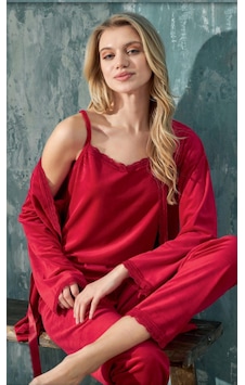 Cotonhause Kadın 3'lü Kadife Kırmızı Pijama Takımı C1t3n402-1 001 Cotonhause Kadın 3'lü Kadife Kırmızı Pijama Takımı C1t3n402-1 001