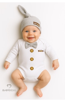 Babyden's Mini Boss Papyonlu Erkek Bebek Body Seti Şapkalı Yenidoğan Bebek Body-zıbın Takım Gri
