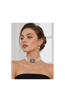 Choker İnci Kolye Ve İnci Küpe Seti Zirkon Taşlı Otantik Tasarım Beyaz Choker İnci Kolye Ve İnci Küpe Seti Zirkon Taşlı Otantik Tasarım Beyaz
