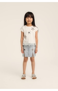 Escabel Kız Bebek Yıldız Baskılı Püsküllü Tshirt Beyaz