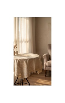 Buldan Ham Keten Üzerine El Danteli İle İşlenmiş 86x86 %100 Pamuk Fiskos Masa Örtüsü Bej - 866358042 Bej