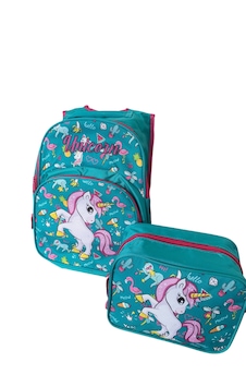 İlk Okul Çantası 2'li Set Ilkokul Çantası Unicorn Desenli Yüksek Kaliteli Okul Çantası Mint Yeşili