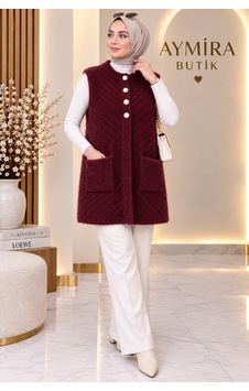 Aymira Butik Kadın Angora Triko Yelek Tesettür Örme Düğmeli Cepli Desenli Yumoş Yelek Bordo Bordo