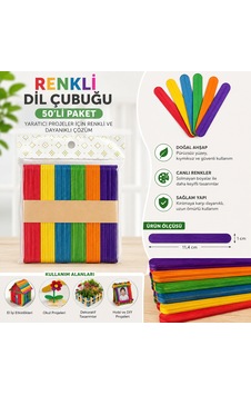 50 Li Renkli Dil Çubuğu Ahşap Hobi Çubuğu El İşi Okul Proje Ve Dıy Etkinlik Çubukları