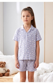 Haliç Mayo Önü Düğmeli Şortlu Kız Çocuk Süprem Pamuklu Pijama Takımı 260273 Lila