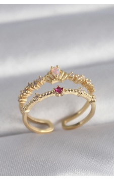 Pirinç Gold Renk Zirkon Taşlı Taç Model Kadın Yüzük Gold Pirinç Gold Renk Zirkon Taşlı Taç Model Kadın Yüzük Gold