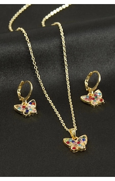Kelebek Taşlı Set Kolye Çok Renkli
