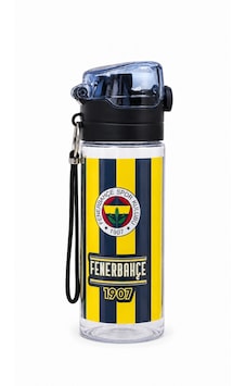 Fenerbahçe Lisanslı Pipetli Plastik Matara - Çubuklu Desenli Kilitli Kapak Su Matarası 500 Ml Sarı - Lacivert