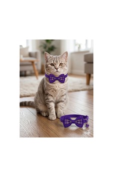 Purple Mor Ekose Desenli Çanlı Kedi Papyonu / Ayarlanabilir Purple Mor Ekose Desenli Çanlı Kedi Papyonu / Ayarlanabilir