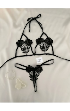 Mh Moony Homewears Sexy Çiçekli İpli Bralet Takımı Siyah