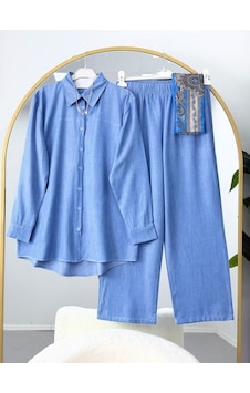 Lovie Moda Kadın Trend Gömlekli Pantolonlu Takım Mavi Lovie Moda Kadın Trend Gömlekli Pantolonlu Takım Mavi