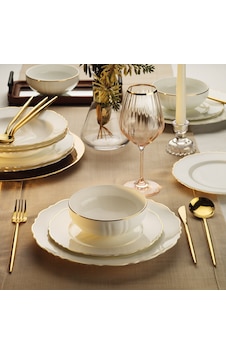 24 Parça 6 Kişilik Porselen Yemek Takımı Elegant Gold-4215 Beyaz