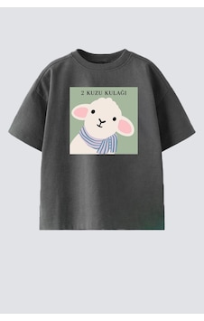 Monila Unisex Çocuk Pamuklu Bisiklet Yaka Kuzu Kulağı Baskılı T-shirt Antrasit