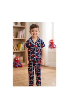 Süslü Kids Erkek Çocuk Düğmeli Yazlık Kısa Kollu Pijama Takımı Pamuk Kumaş Kırmızı