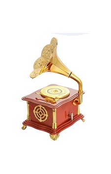 Nostaljik Mini Kahverengi Gramafon Müzik Kutusu - Mekanik Masa Aksesuarı Hediyelik Kahverengi