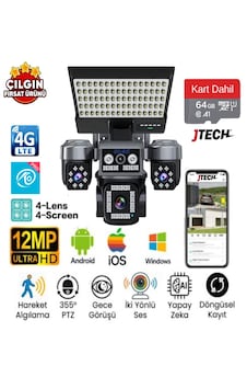 O-kam Ok-334 Premium 4g 12mp 4g Sim Kartlı Solar Panelli Projektör Lambalı 4lens 1ptz Akıllı Kamera + 64gb Sd Kart O-kam Ok-334 Premium 4g 12mp 4g Sim Kartlı Solar Panelli Projektör Lambalı 4lens 1ptz Akıllı Kamera + 64gb Sd Kart
