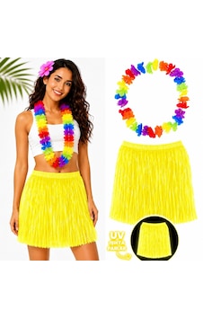 Neon Sarı Hawaii Etek 40 Cm Ve Rengarenk Hawaii Kolye "
