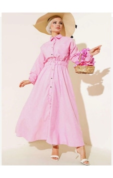 Lovie Moda Kadın Metal Düğmeli Çizgili Elbise Pembe