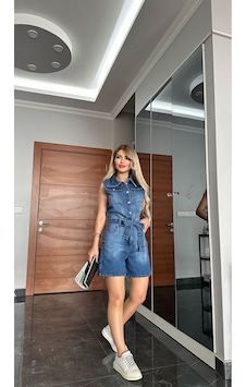 Kadın Kısa Kot Tulum Şortlu Jean Tulum Denim