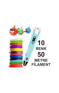 MAVİ 3D Kalem Yazıcı+10 renk 50 metre (10x5metre) PLA Filament