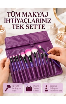 Yumuşak Fiber Kıllardan Oluşan 12'li Makyaj Fırçası Seti Göz Farı Allık Ve Kontür İçin