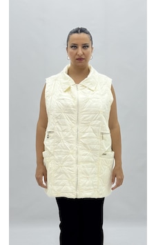Büyük Beden Cepli Fermuarlı Oversize Kadın Uzun Yelek Beyaz