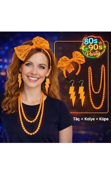 Bijuteri Kolye 80 Ler 90 Lar Neon Turuncu Parti Seti Kolye Küpe Taç Bijuteri Kolye 80 Ler 90 Lar Neon Turuncu Parti Seti Kolye Küpe Taç