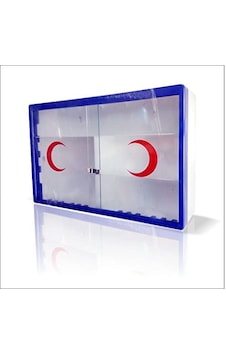 Sürgülü Hilalli 45x30cm Camlı Kapaklı Raflı Lacivert Ecza Kutusu