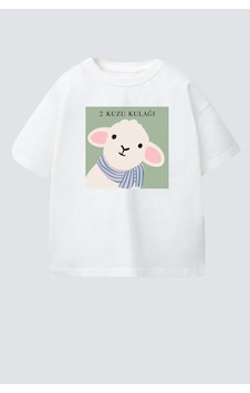 Monila Unisex Çocuk Pamuklu Bisiklet Yaka Kuzu Kulağı Baskılı T-shirt Ekru