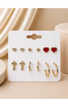 Anahtar Top Küpe Kalp Detaylı Gold Renk 6'lı Küpe Seti Anahtar Top Küpe Kalp Detaylı Gold Renk 6'lı Küpe Seti