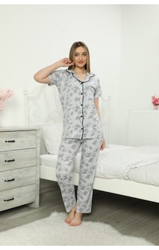 Lazella Kısa Kollu Düğmeli Kadın Pijama Takımı Gri