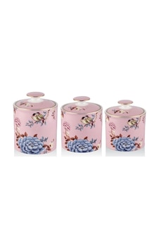 Floral Pink 3 Lü Porselen Baharatlık Baharat Takımı Kavanoz Karışık