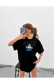 Freedom Storee Kadın Tişort Bisiklet Yaka Baskılı Kısa Kol Oversize T-shirt - Siyah Çok Renkli Freedom Storee Kadın Tişort Bisiklet Yaka Baskılı Kısa Kol Oversize T-shirt - Siyah Çok Renkli