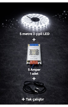 3 Çipli 5 Metre Beyaz Let + 5 Amper Trafo Set 3 Çipli 5 Metre Beyaz Let + 5 Amper Trafo Set