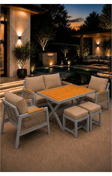 Garden Balkon Takımı, Gri Bahçe Takımı 5+1 Masa 70x110 3lü Koltuk 70x150 Tekli Koltuk 70x70 2 Adet Puf Cappiccino