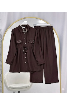 Lovie Moda Kapak Taşlı Jakar Pantolonlu İkili Takım Kahverengi Lovie Moda Kapak Taşlı Jakar Pantolonlu İkili Takım Kahverengi