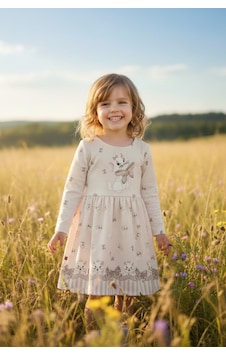 Esila Kids Kız Çocuk Elbise Uzun Kollu Kedi Desenli Fiyonklu Bej Esila Kids Kız Çocuk Elbise Uzun Kollu Kedi Desenli Fiyonklu Bej