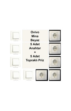 Ovivo Mina Beyaz 5 Adet Anahtar + 5 Adet Topraklı Priz Ovivo Mina Beyaz 5 Adet Anahtar + 5 Adet Topraklı Priz