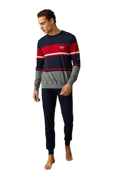Poleren Sıfır Yaka Çizgili Pamuklu Kalın Erkek Pijama Takım Lacivert Poleren Sıfır Yaka Çizgili Pamuklu Kalın Erkek Pijama Takım Lacivert