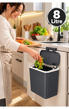 8 Litre Dolap İçi Ve Dışı Asılabilir Kapaklı Mutfak Çöp Kovası Antrasit Gri