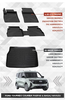 Sahler Ford Tourneo Courier 2024+ Uyumlu 4.5d Premium Havuzlu Oto Paspas Ve Liner Marka 3d Bagaj Hav
