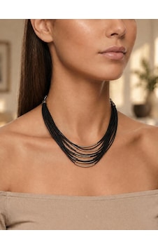 Gold Metal Detaylı Çoklu Siyah Deri İp Kadın Kolye - Modern Katmanlı Choker Gold Metal Detaylı Çoklu Siyah Deri İp Kadın Kolye - Modern Katmanlı Choker