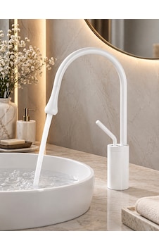 Alfas Beyaz Pirinç Banyo Lavabo Bataryası Yüksek Kuğu Boyun 360 Dömer Modern Tasarım Alfas Beyaz Pirinç Banyo Lavabo Bataryası Yüksek Kuğu Boyun 360 Dömer Modern Tasarım