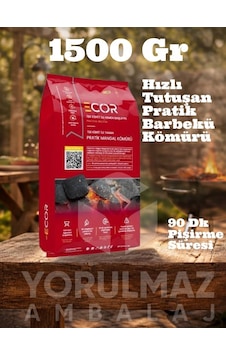 Tek Kibrit Ecor Mangal Kömürü 1,5 Kg Hızlı Tutuşan, Uzun Süre Yanan Kaliteli Kömür