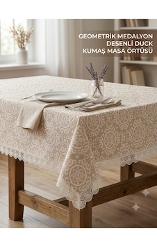 Lüks Dantelli Masa Örtüsü - Geometrik Madalyon Desenli Duck Kumaş Bej