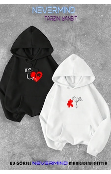 Nevermind Sevgili Çift Kombini Me&you Puzzle Baskılı Kapüşonlu Sweatshirt 2 Siyah-beyaz
