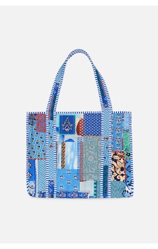 İcone Bag Patch Yama Desen Baskılı Kapitoneli Plaj Çantası, İçi Çizgili Baskılı Shopper Çanta, Pembe Plaj Çantası Mavi