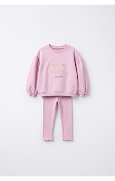 Magu Kız Çocuk Kuğu Nakışlı Pembe Sweatshirt Ve Tayt Takımı Çok Renkli